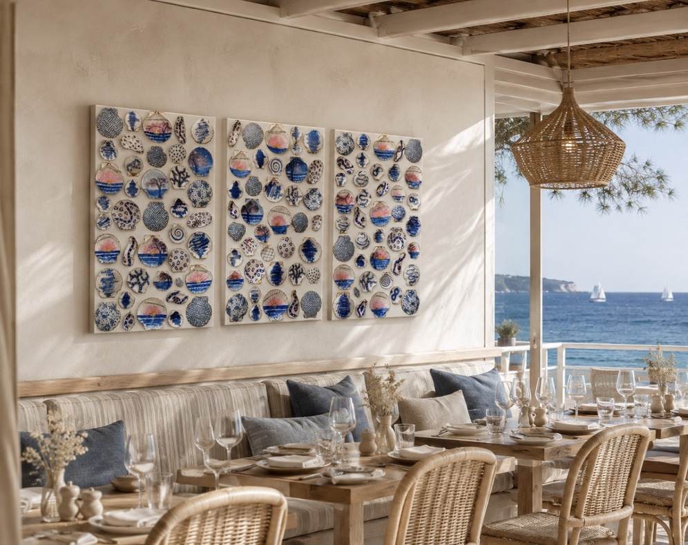 Victoria Thomas Art trio styled in a beachside restaurant