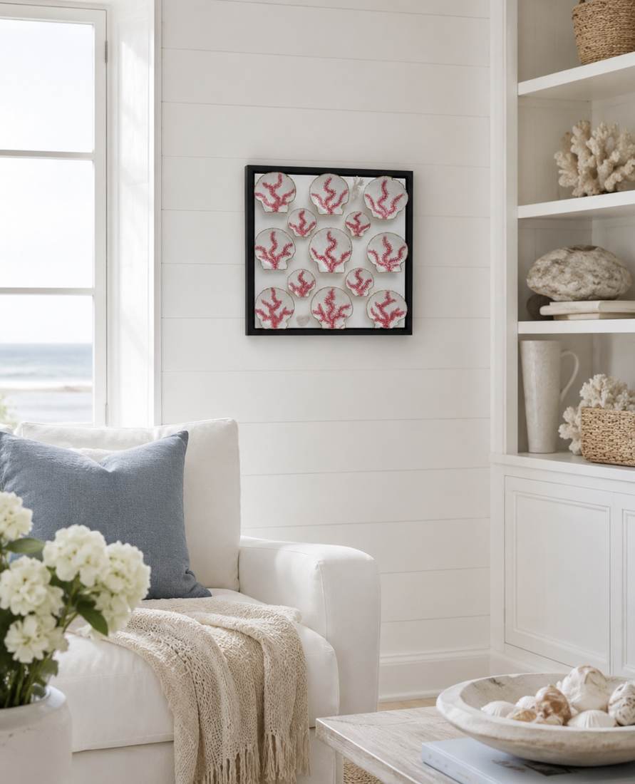 Victoria Thomas Art coral shell piece styled in a bright coastal interior